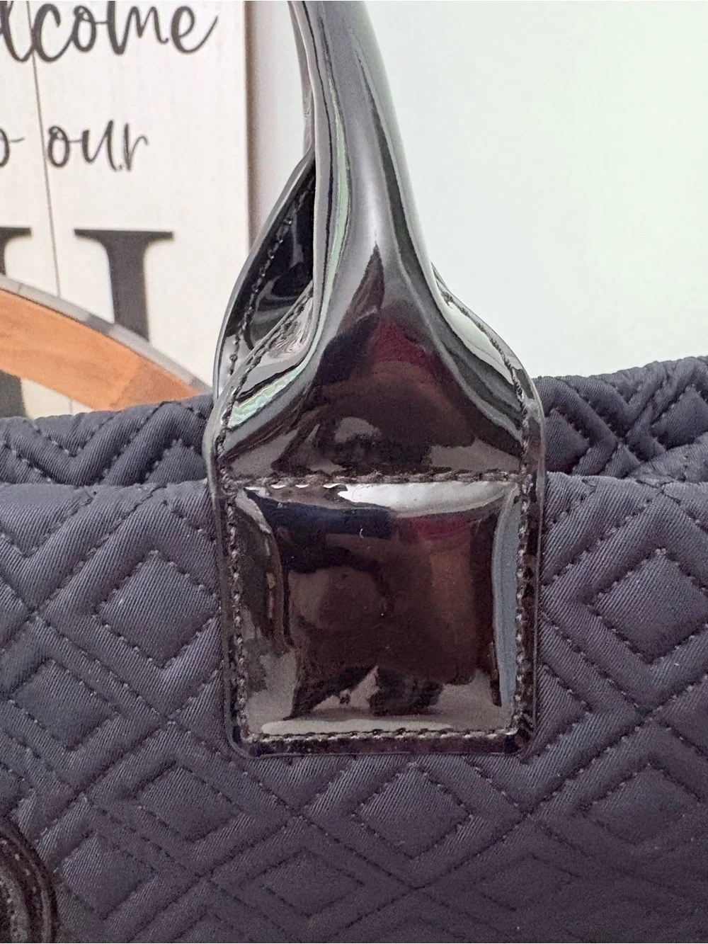 TORY BURCH Black Quilted Satchel Tote with side buttons